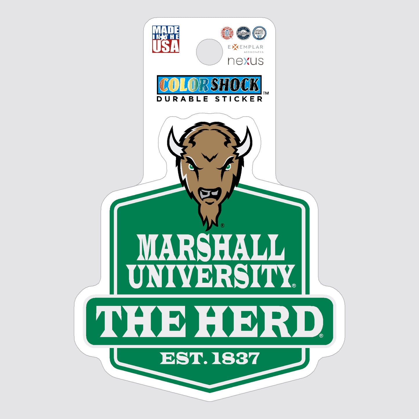 Marshall University sticker with logo on a gray background