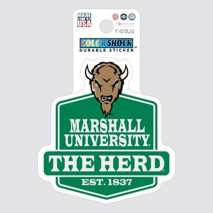 Marshall University sticker with logo on a gray background