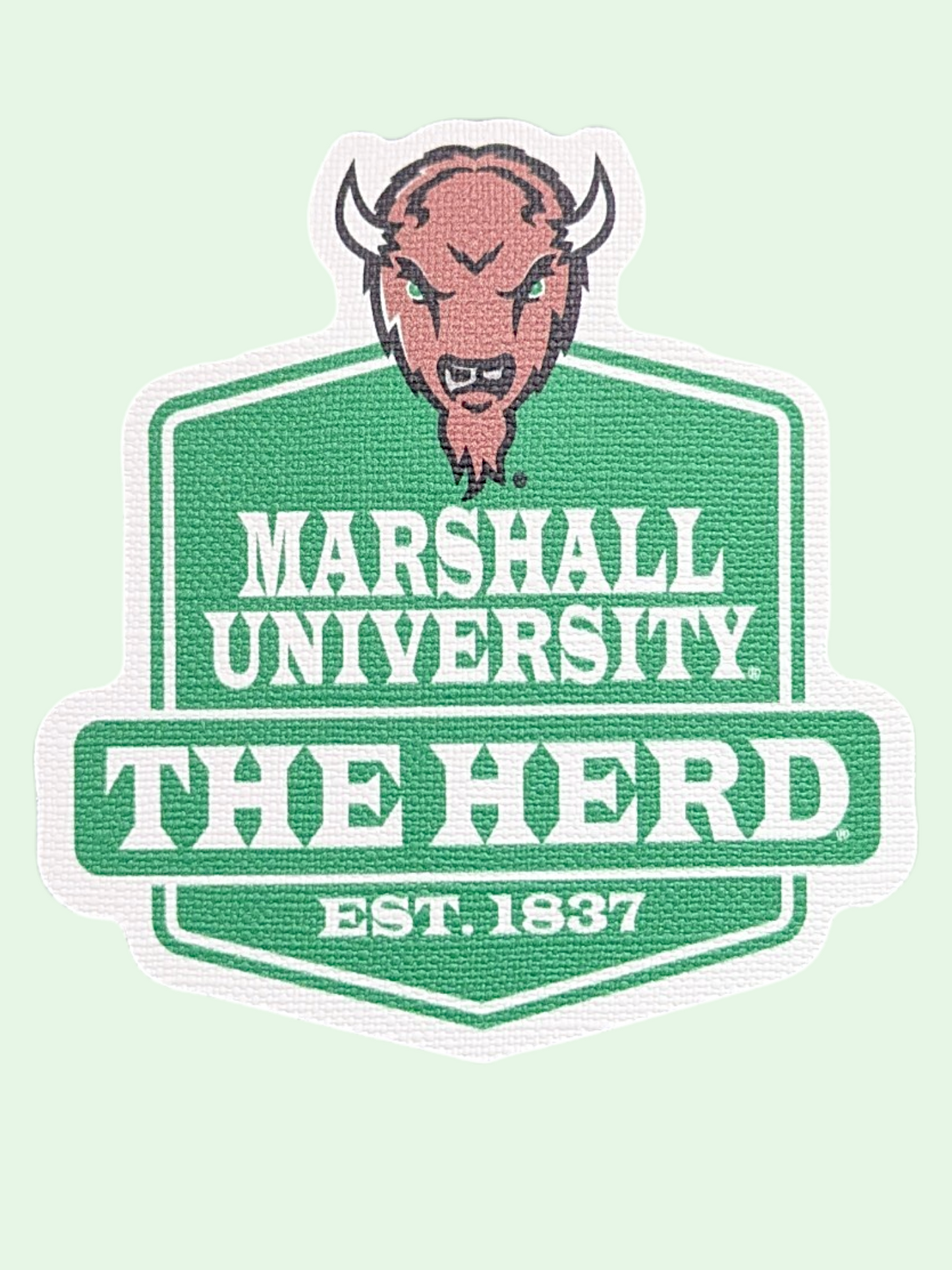 Marshall University logo with a bull head on a light green background