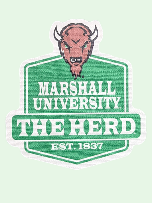 Marshall University logo with a bull head on a light green background