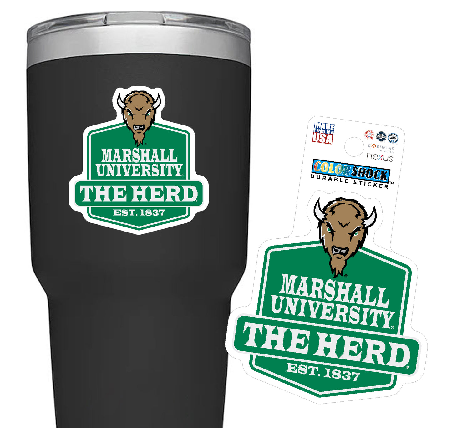 Black tumbler with Marshall University logo and a matching sticker on a white background