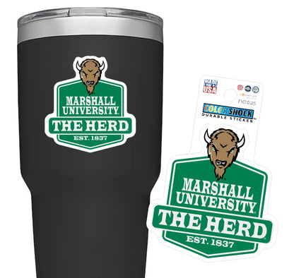 Black tumbler with Marshall University logo and a matching sticker on a white background