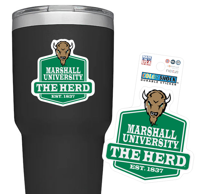 Black tumbler with Marshall University logo and a matching sticker on a white background