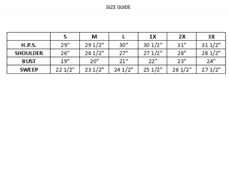 Size guide chart for clothing measurements on a white background
