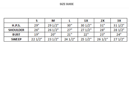 Size guide chart for clothing measurements on a white background