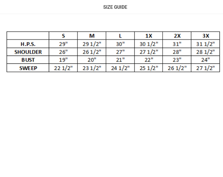 Size guide chart for clothing measurements on a white background