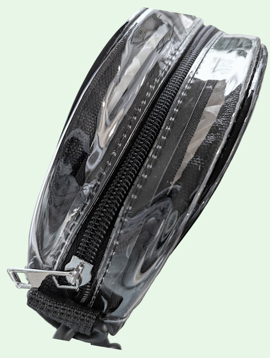 A clear vinyl pouch with black zippers and black trim, shown on a pale green background.