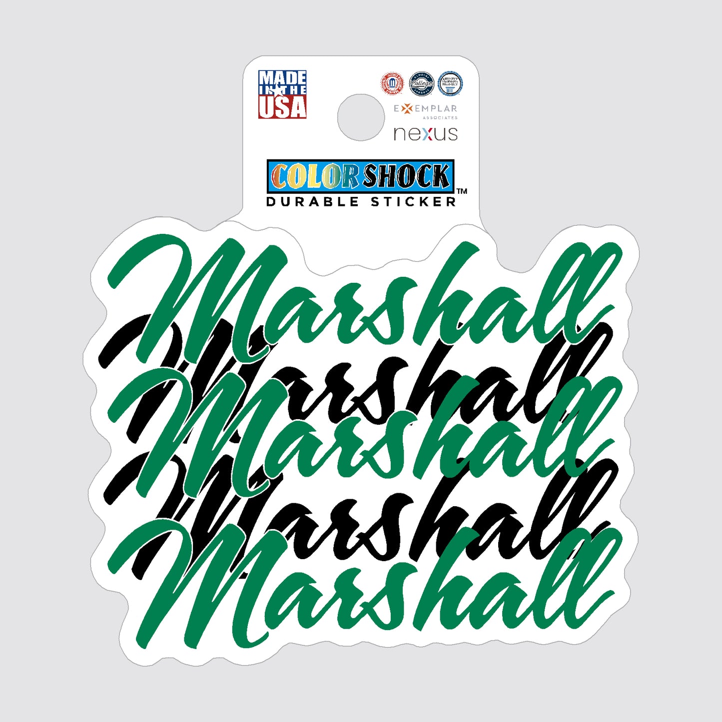 Sticker with 'Marshall' text in green and black on a gray background