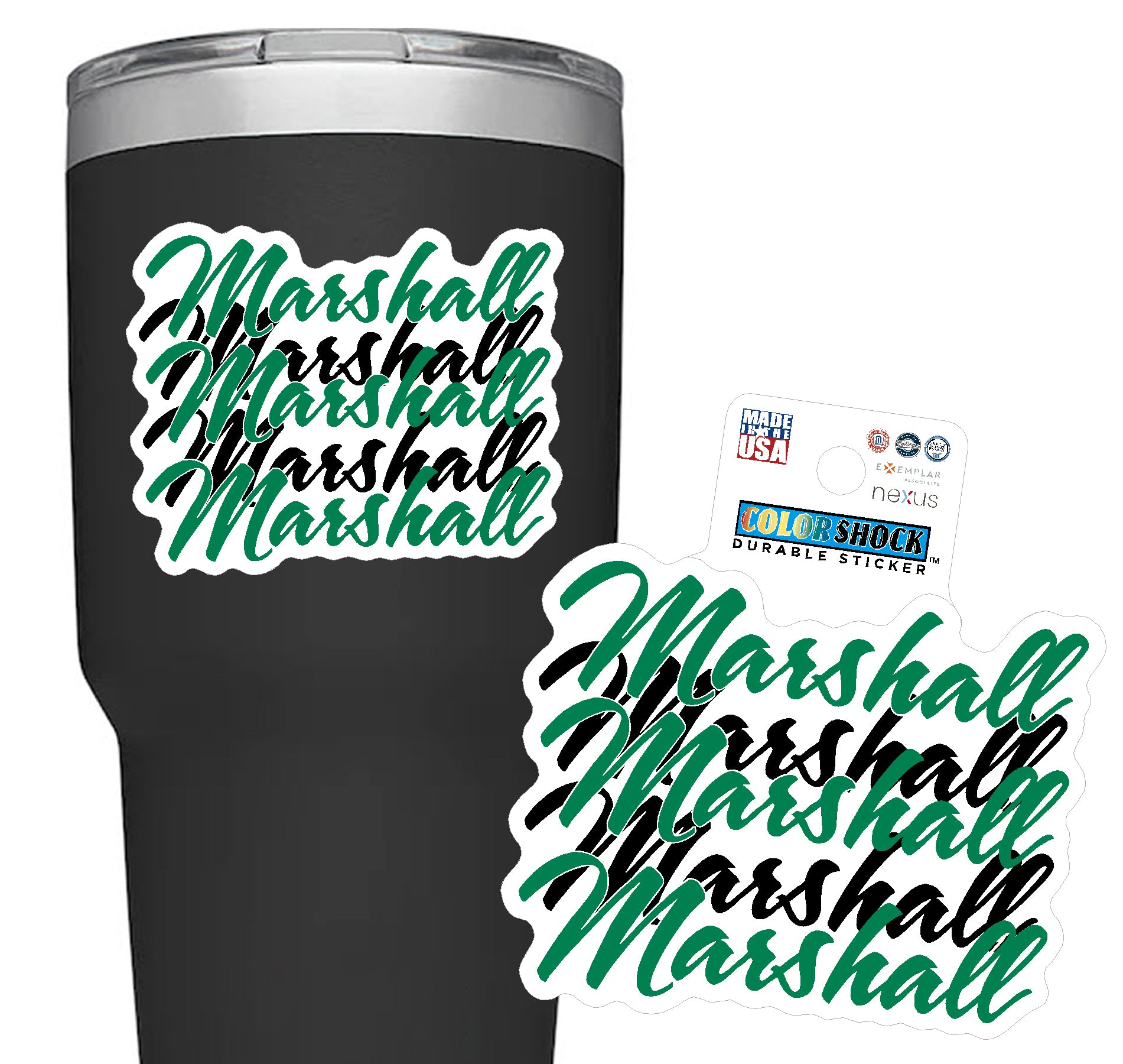 Black tumbler with 'Marshall' stickers and a colorful label on a white background