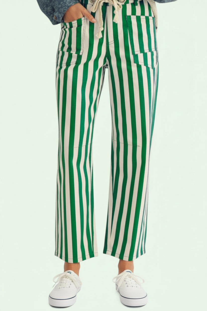 full waist down shot of the Green and white striped pants on a solid background