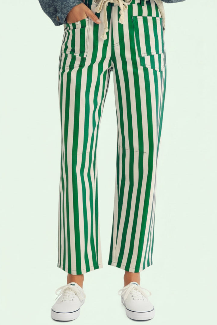 full waist down shot of the Green and white striped pants on a solid background