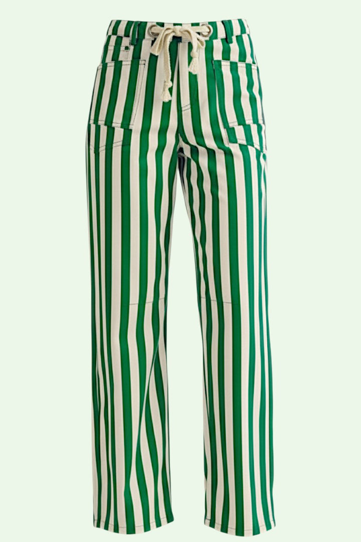 Green and white striped pants on a light green background