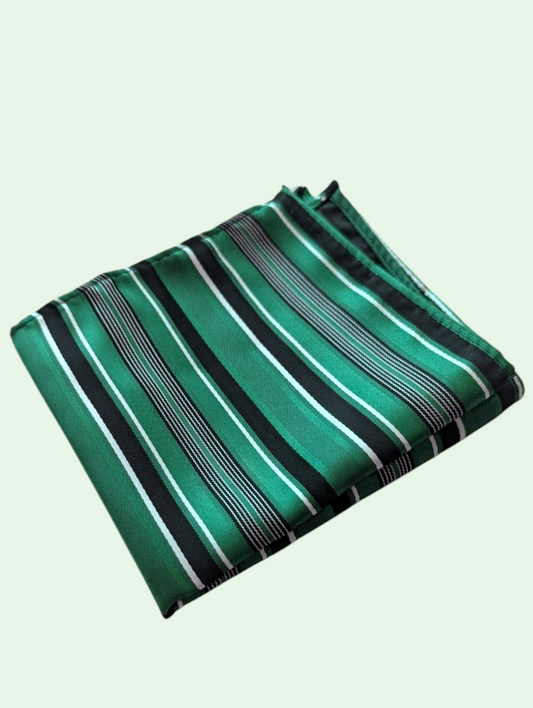 a black and white stripe pattern on a  green background in a pocket square 