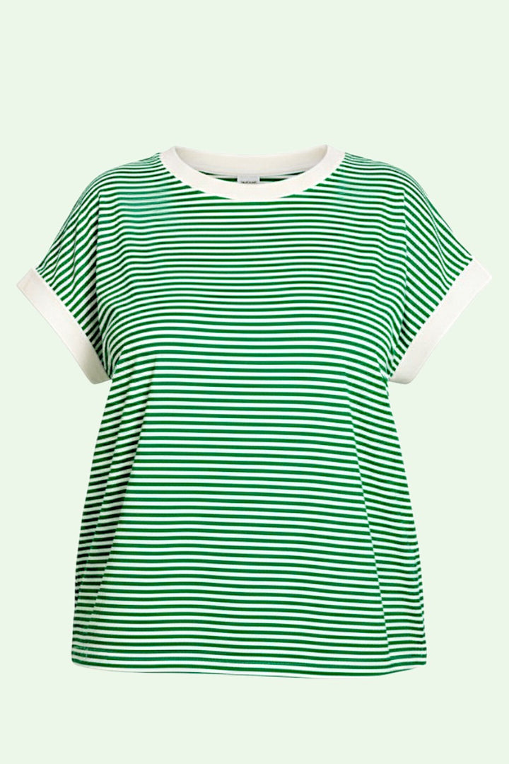 Green and white striped t-shirt on a light green background