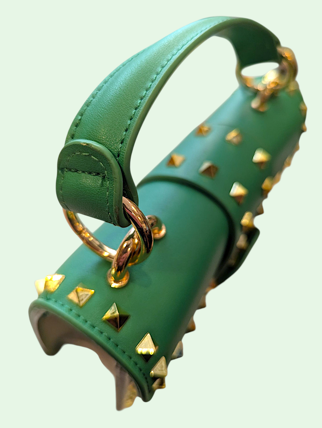 Green leather purse with gold studs on a light green background