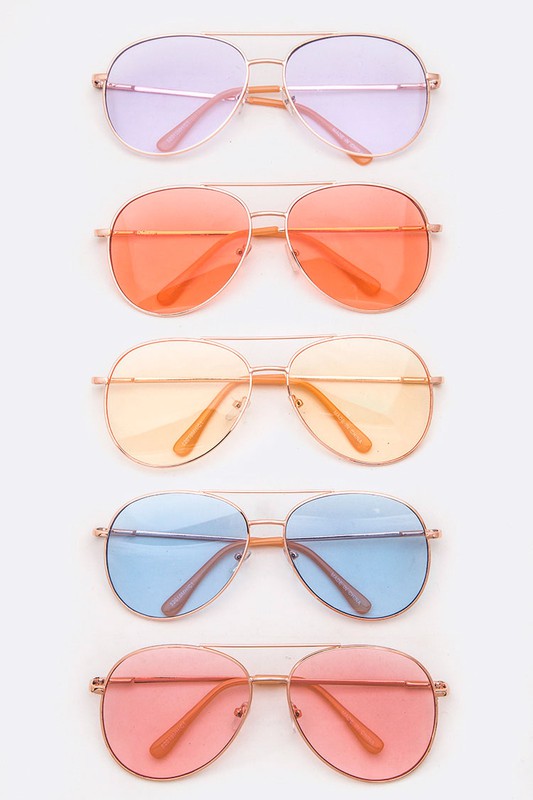 group picture of all the aviator sunglass colors that show rose, blue, peach, orange and purple shades