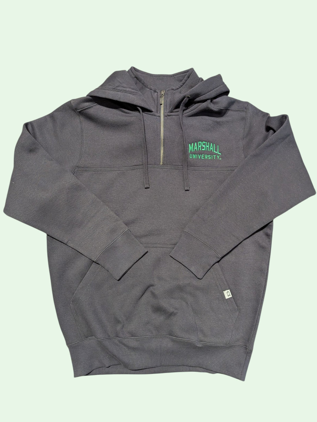 Gray hoodie with Marshall University logo on a light green background
