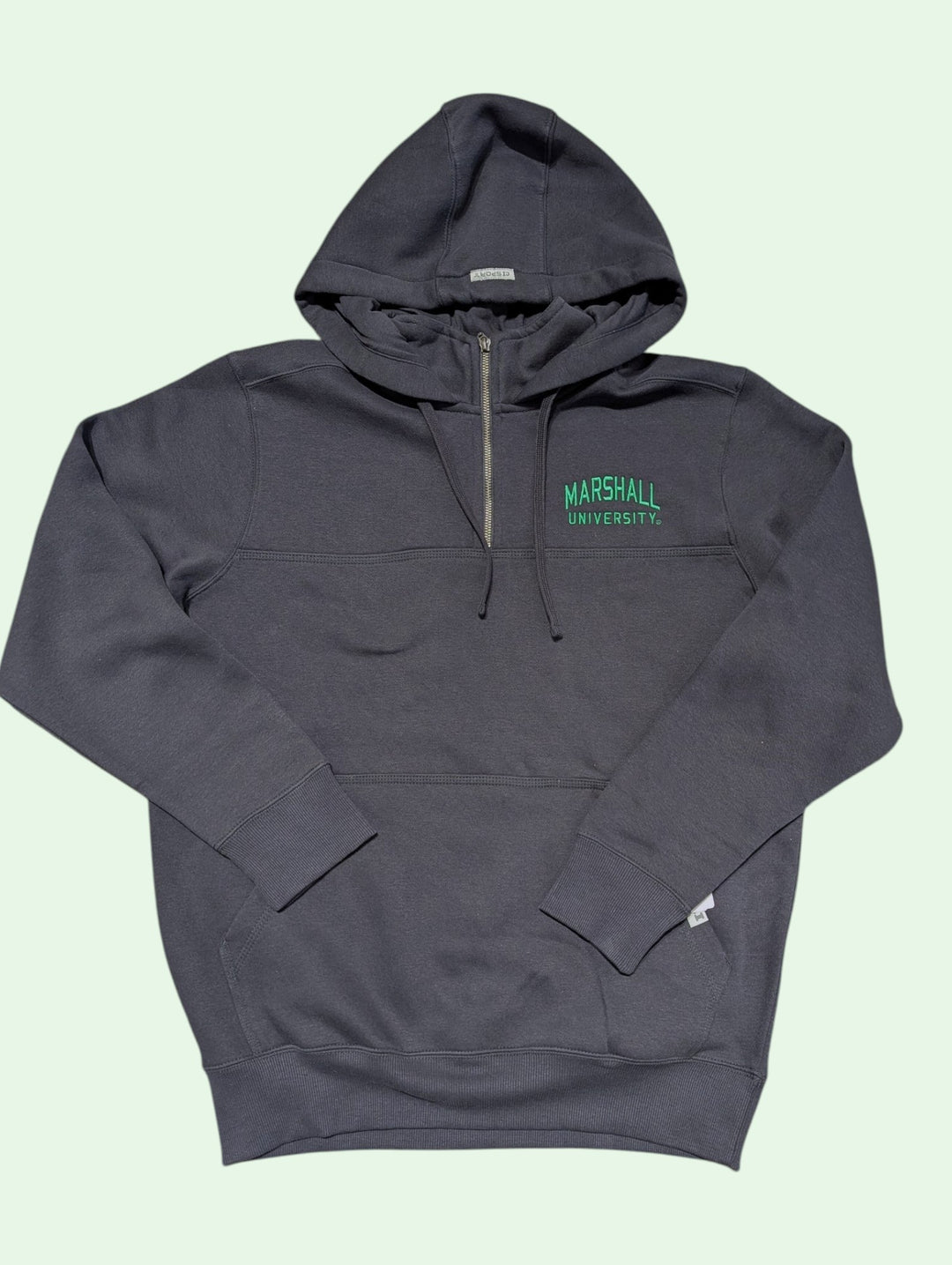Gray hoodie with 'Marshall University' text on a light green background