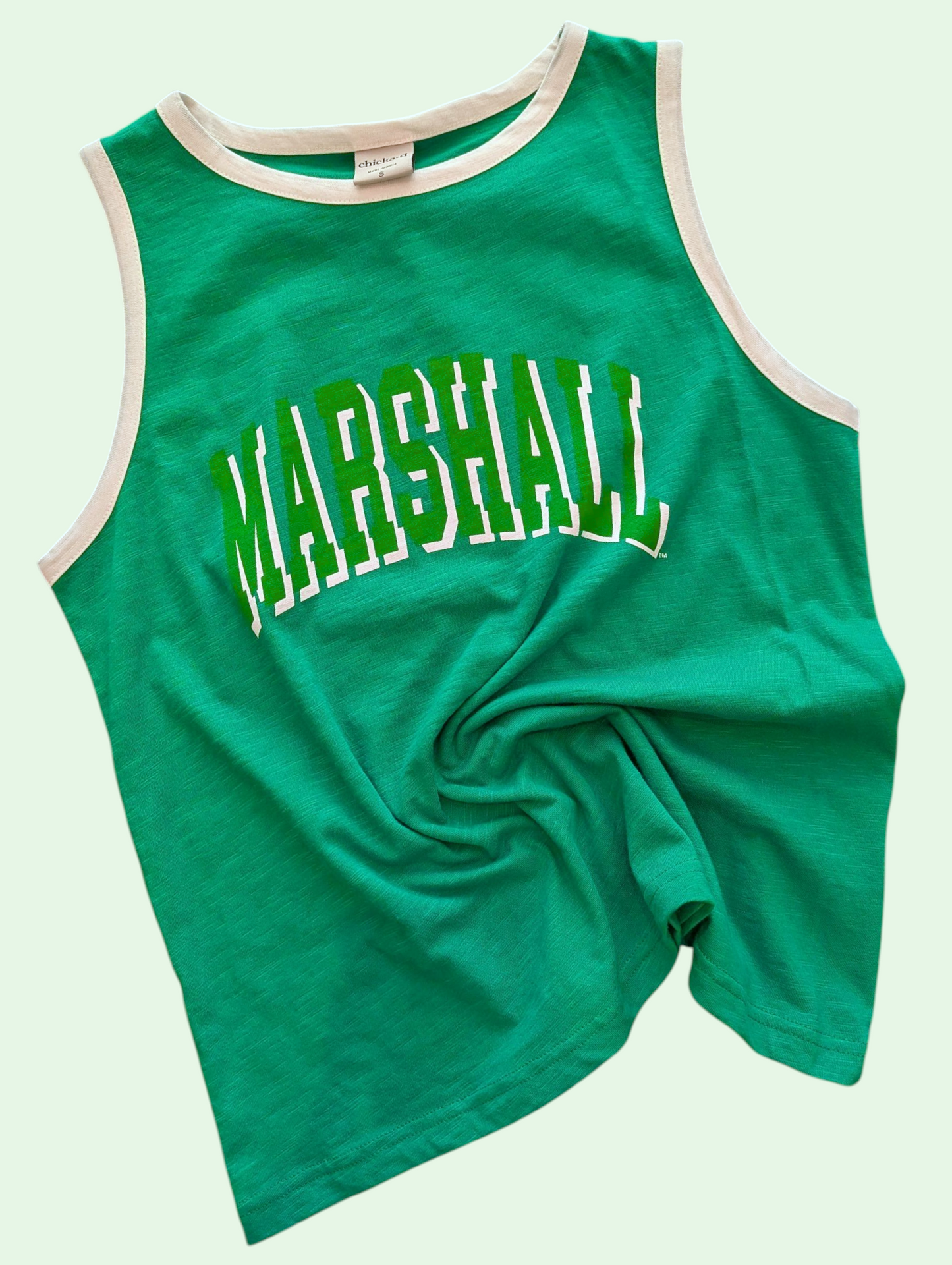 Green tank top with 'MARSHALL' text on a light green background