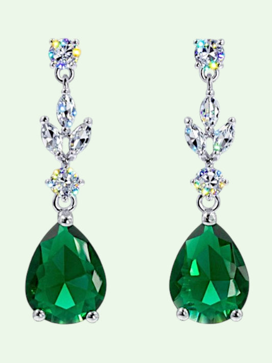Green teardrop earrings with silver and multicolored gemstones on a white background