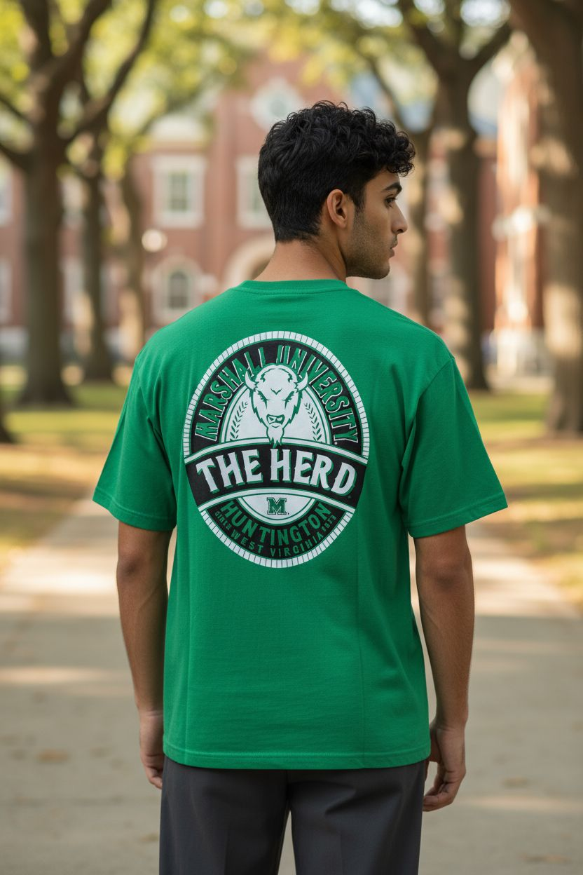 Person wearing a green t-shirt with 'The Herd' logo on a college campus