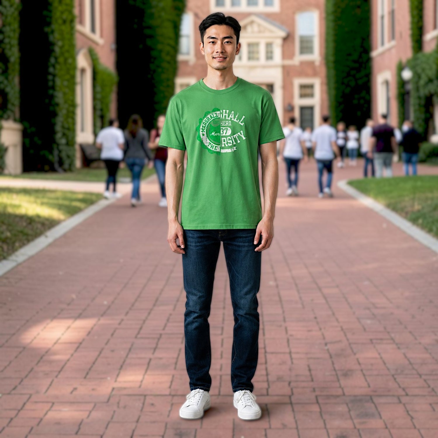 A man stands on a brick pathway on a college campus wearing a bright green t-shirt with a white circular 'marshall' graphic, dark blue jeans, and white sneakers. Buildings and other students are blurred in the background.