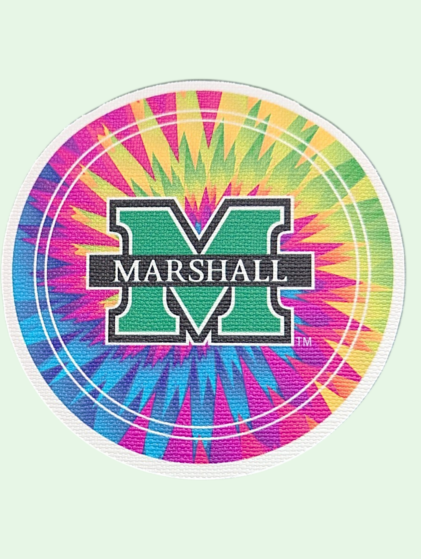 Tie-dye circular design with Marshall logo