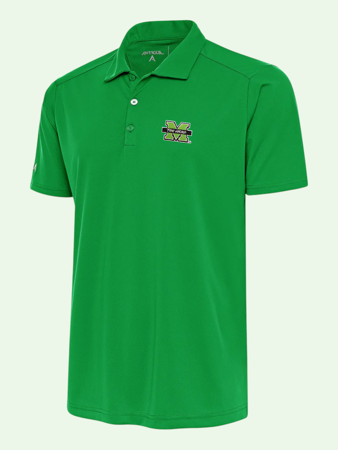 Green polo shirt with a logo on a white background