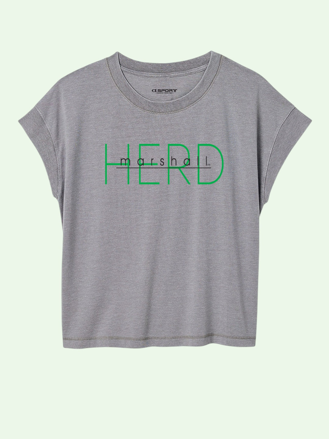 Gray t-shirt with green text on a light gray background