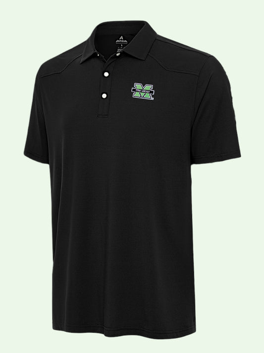 Black polo shirt with a logo on a light green background