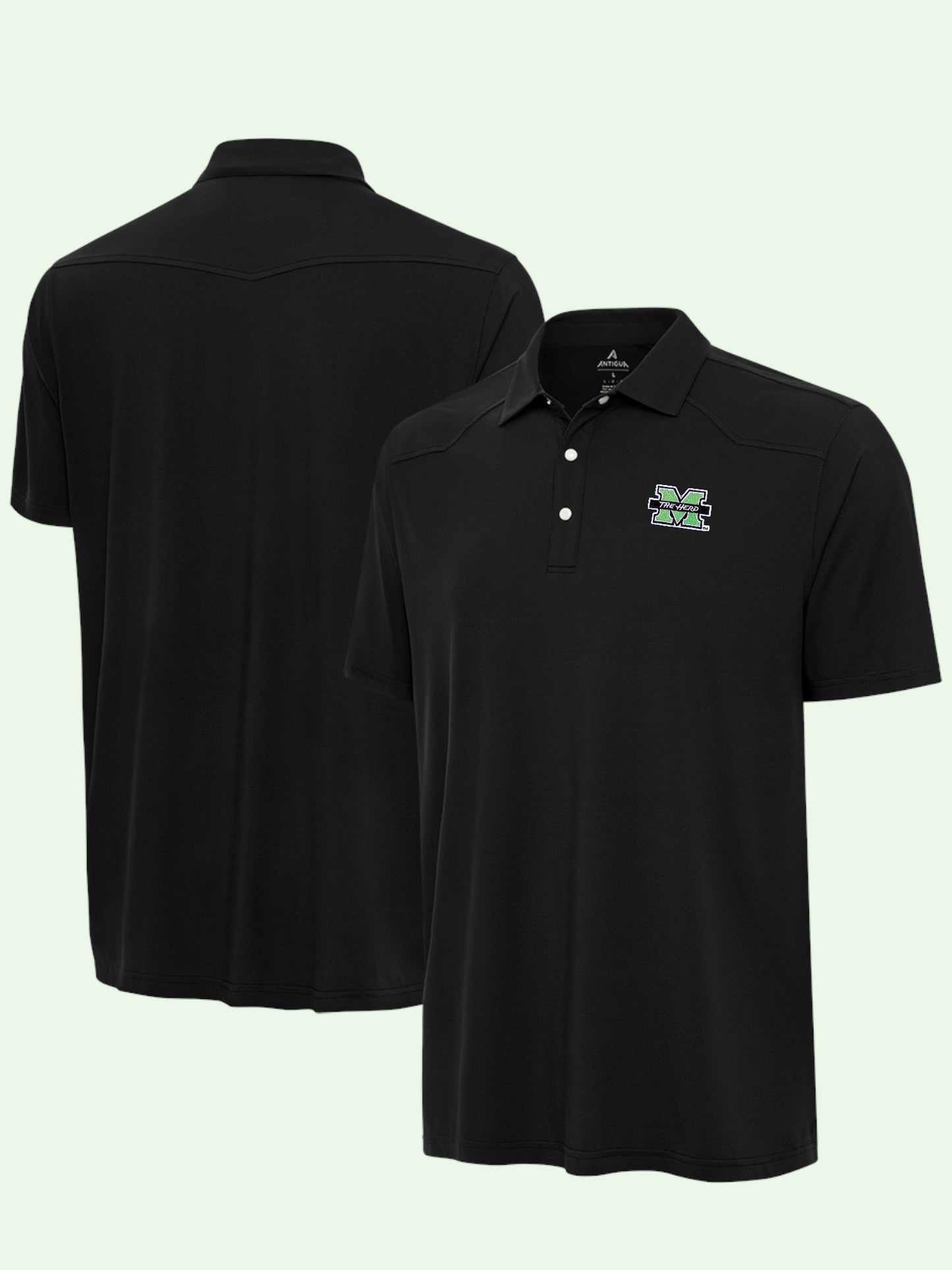 Black polo shirt with a logo on a light green background