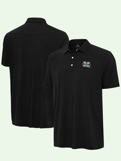Black polo shirt with a logo on a light green background