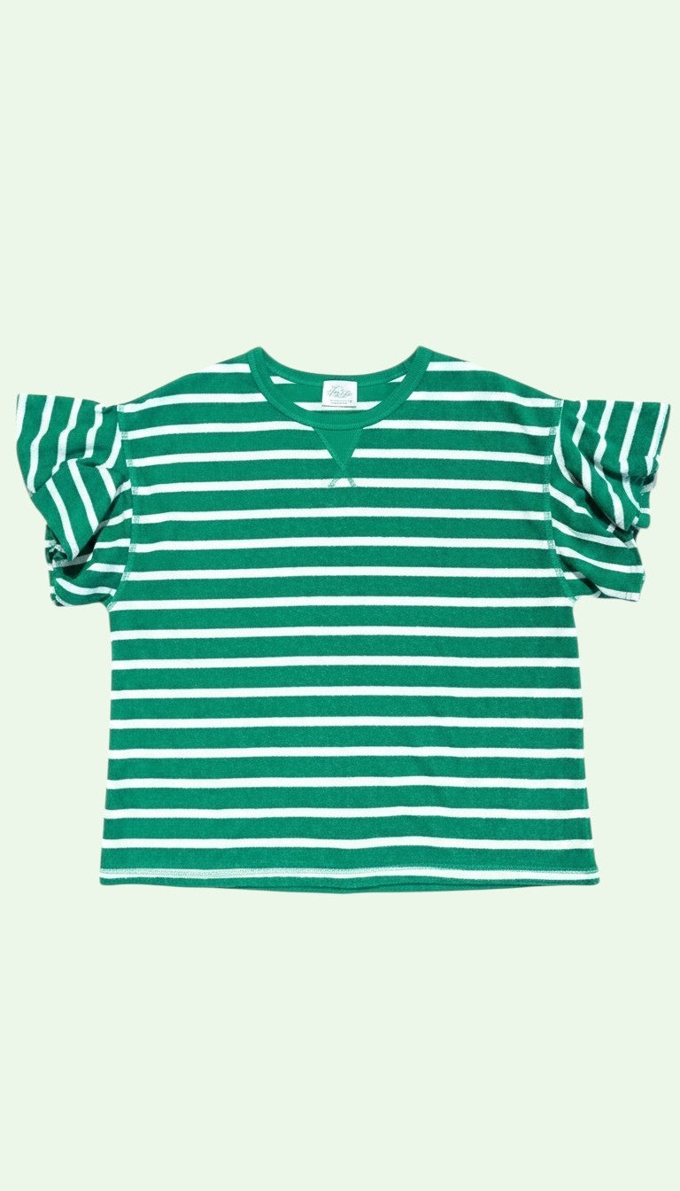 A green and white horizontally striped short-sleeve top with ruffled sleeves, laid flat against a pale mint green background.