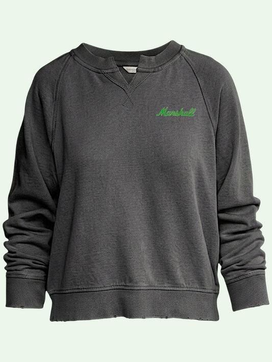 A dark gray crewneck sweatshirt with a small green cursive 'Marshall' logo on the left chest, displayed against a pale mint green background.