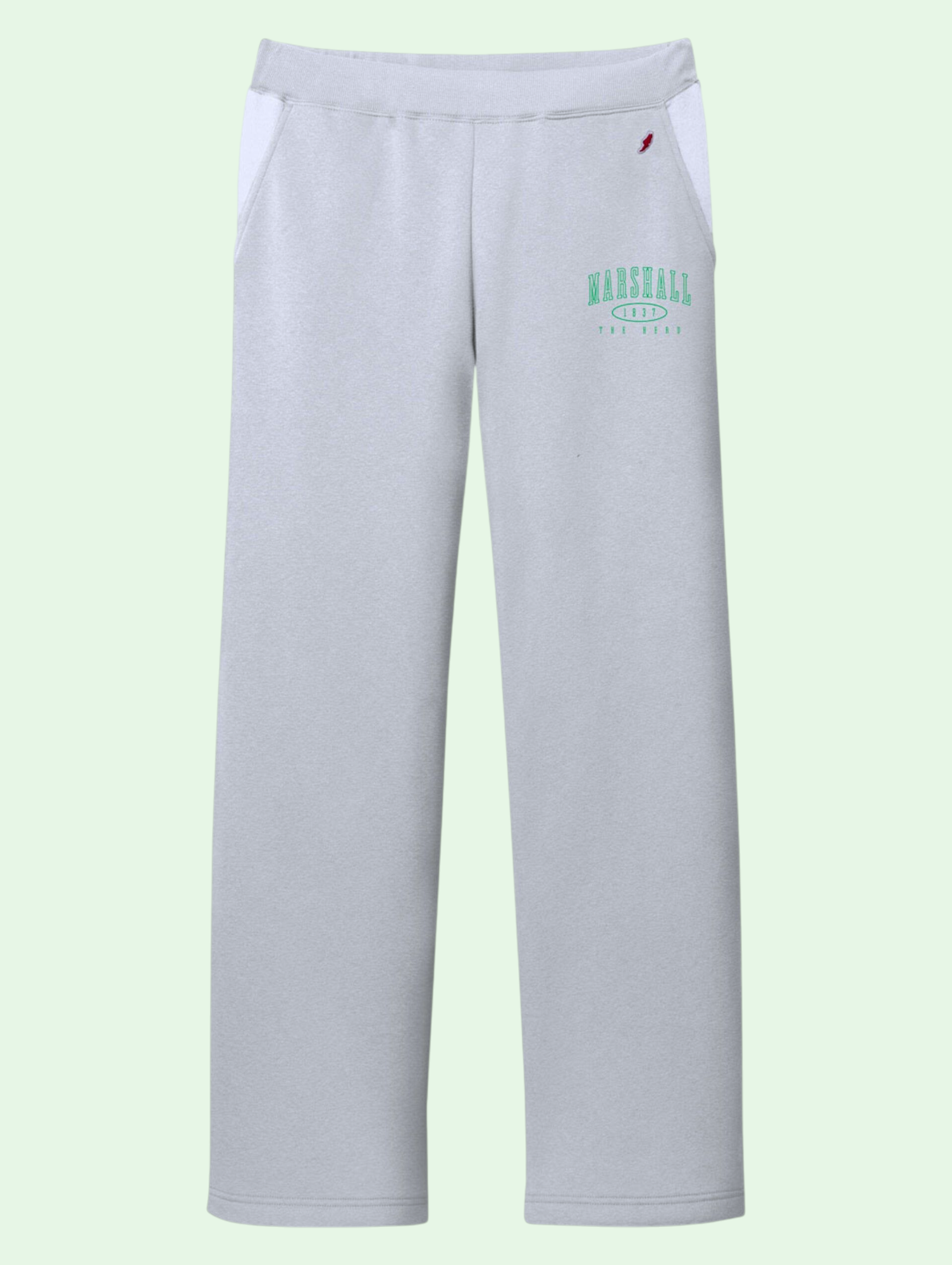 Light gray sweatpants with a logo on a light green background