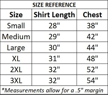 Size reference chart for shirts with shirt length and chest measurements.