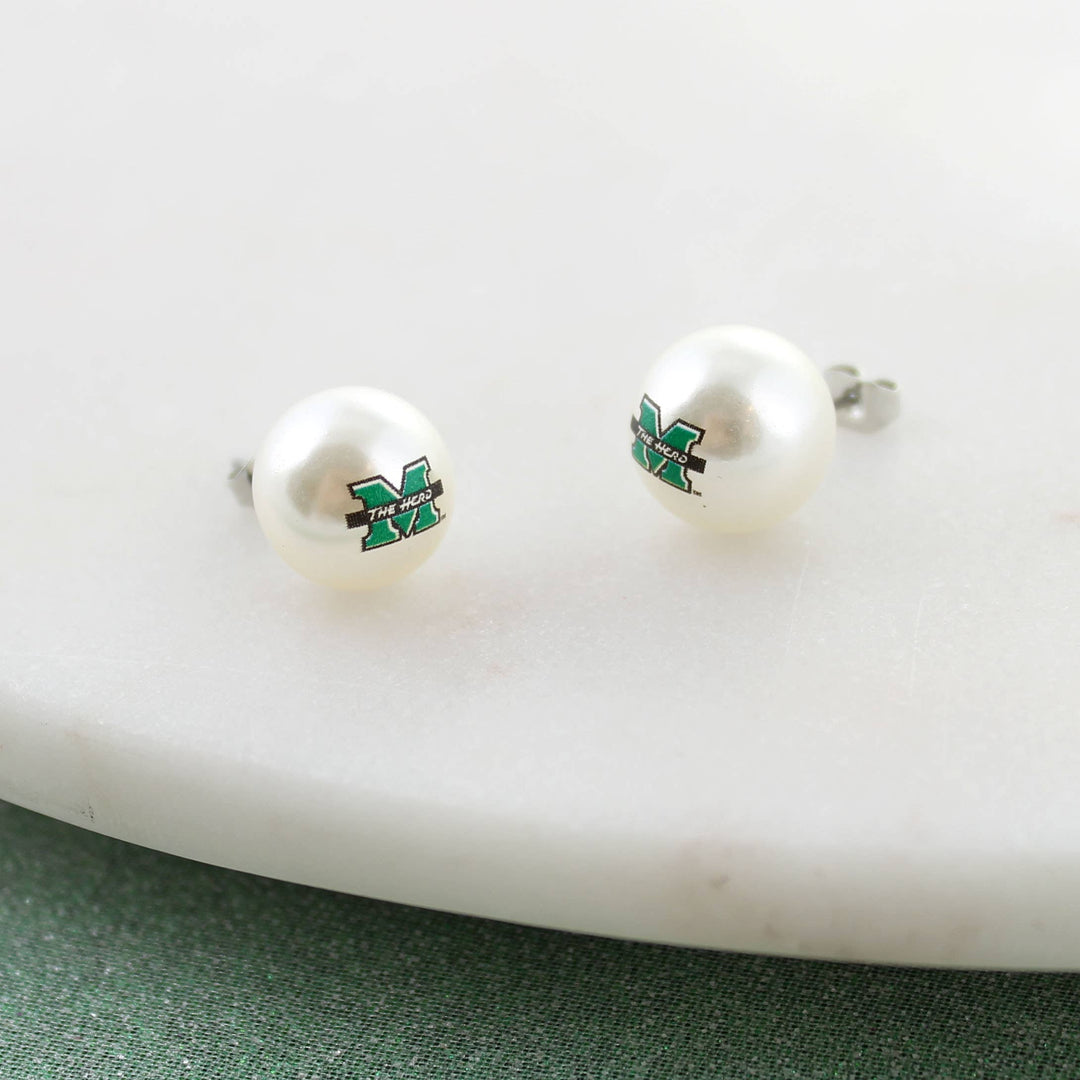 Round 10mm pearl stud earrings featuring the Marshall logo. Earrings are on white background