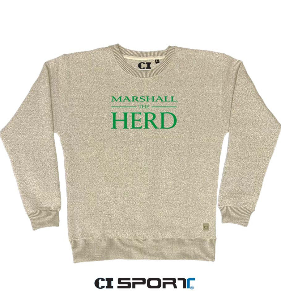 an oatmeal color sweater/sweatshirt with Marshall the Herd on the front and the CI Sport logo at the bottom of the picture