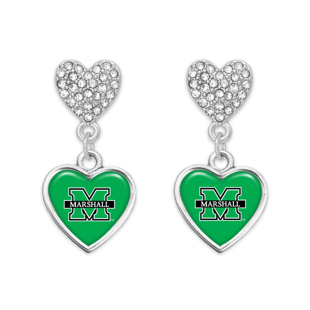 the earrings are shown up close. heart shaped charms with a block m marshall logo hang from heart shaped clear rhinestone filled charms
