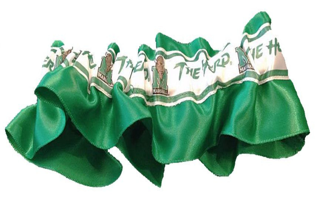 a satin marshall garter with green ribbon and a printed "the herd" ribbon combined