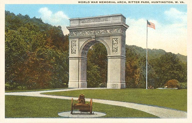 an antique rendering of the veteran's memorial archin huntington wv