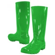 studio shot of green rubber rain boots